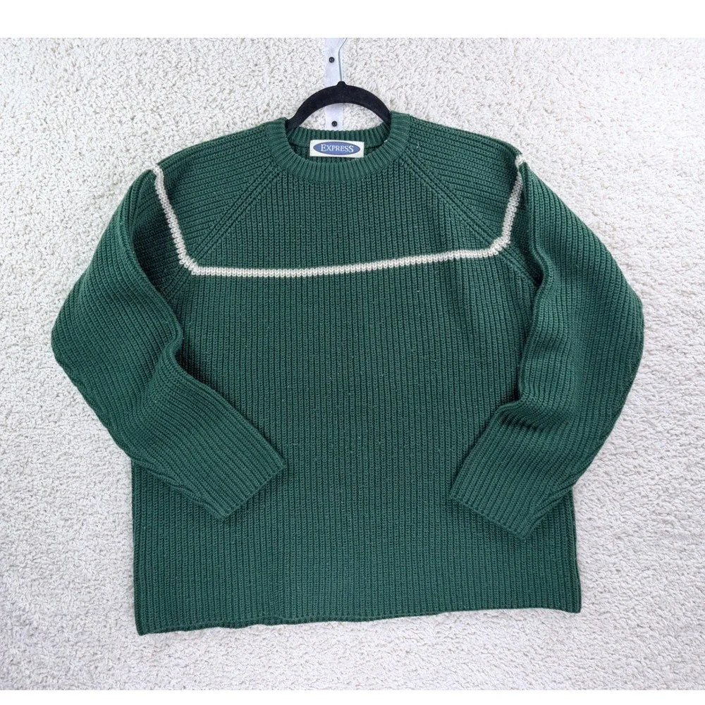 Vintage Express Sweater Women XL Green Ribbed Knit Crewneck Raglan Stripe - Picture 1 of 7